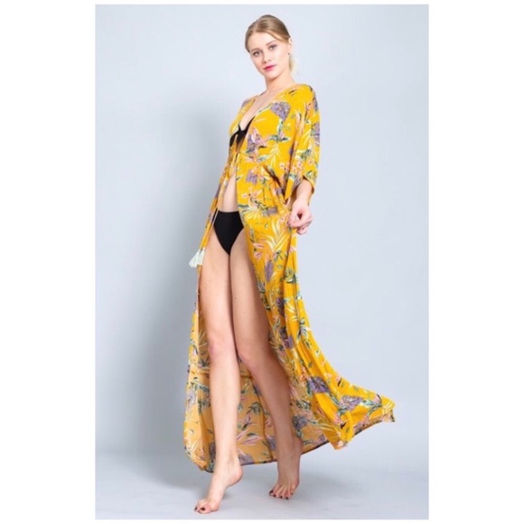 Mustard Floral Maxi Kimono Coverup Wrap Duster - Picture 6 of 8